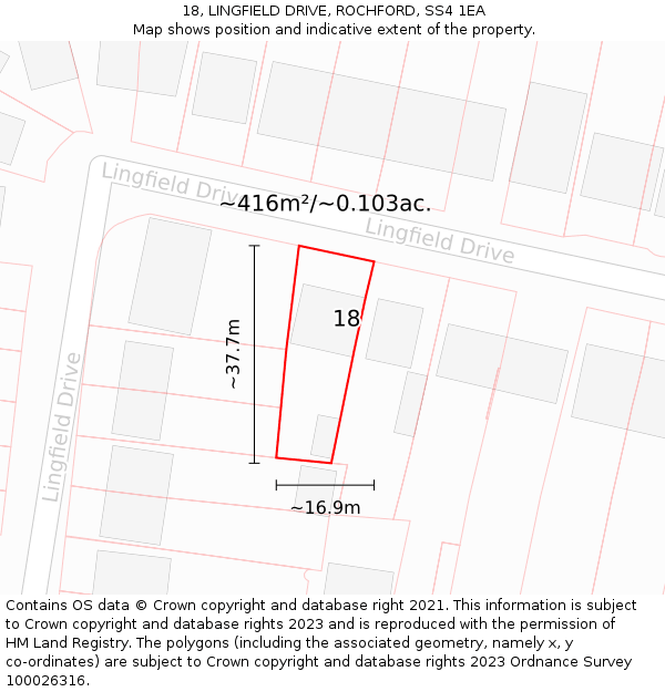 18, LINGFIELD DRIVE, ROCHFORD, SS4 1EA: Plot and title map