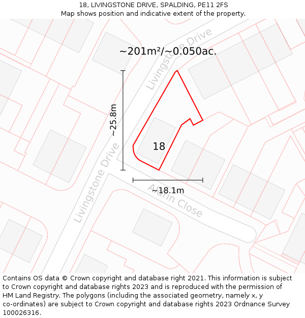 18, LIVINGSTONE DRIVE, SPALDING, PE11 2FS: Plot and title map