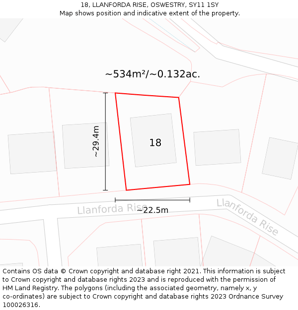 18, LLANFORDA RISE, OSWESTRY, SY11 1SY: Plot and title map