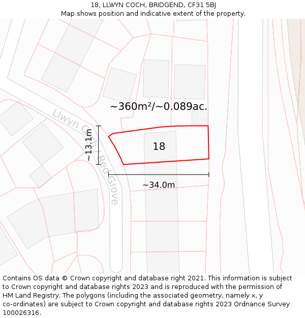 18, LLWYN COCH, BRIDGEND, CF31 5BJ: Plot and title map