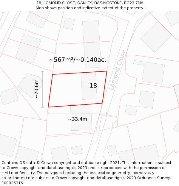 18, LOMOND CLOSE, OAKLEY, BASINGSTOKE, RG23 7NA: Plot and title map