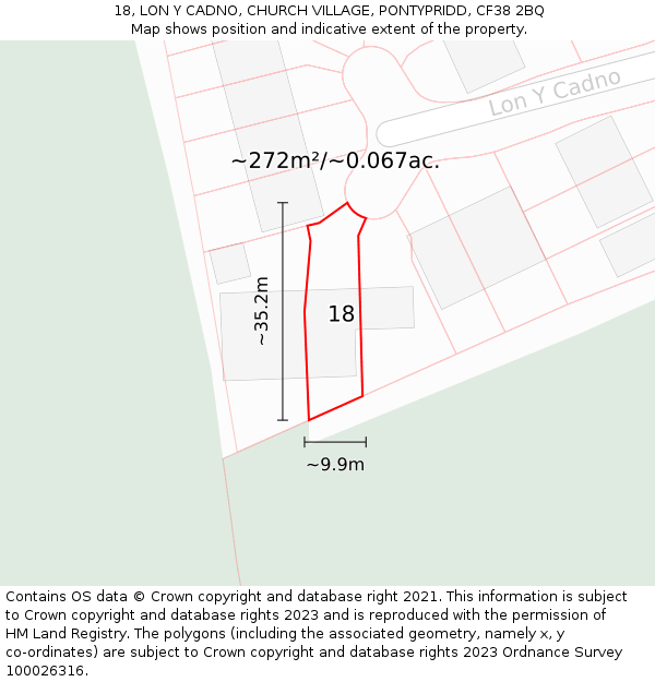 18, LON Y CADNO, CHURCH VILLAGE, PONTYPRIDD, CF38 2BQ: Plot and title map