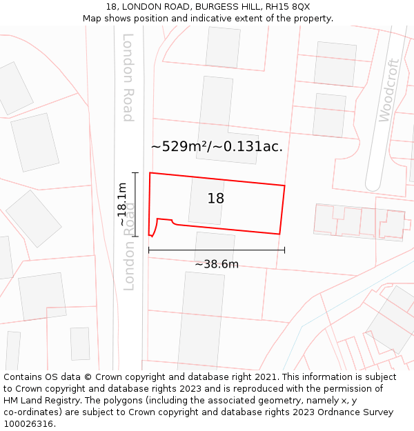 18, LONDON ROAD, BURGESS HILL, RH15 8QX: Plot and title map