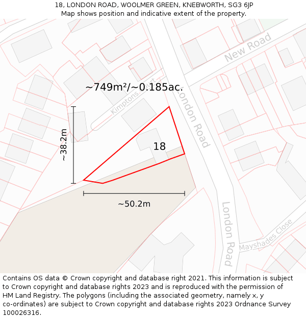 18, LONDON ROAD, WOOLMER GREEN, KNEBWORTH, SG3 6JP: Plot and title map
