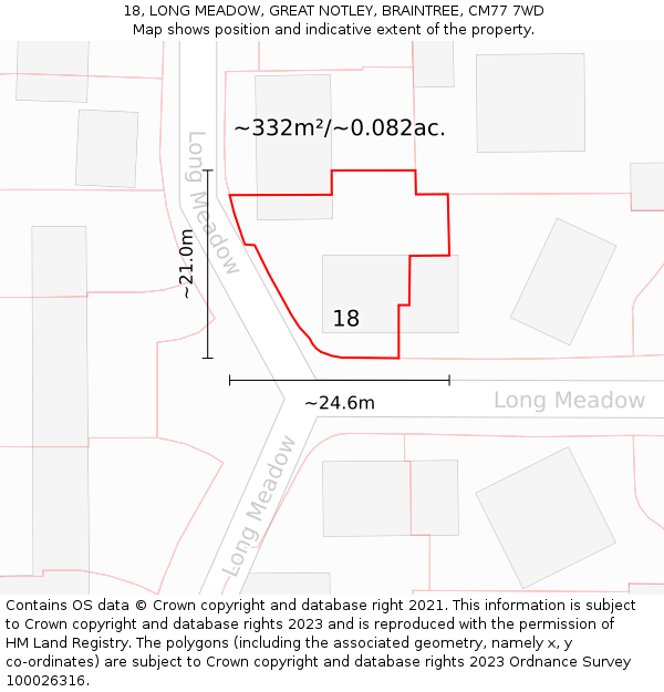 18, LONG MEADOW, GREAT NOTLEY, BRAINTREE, CM77 7WD: Plot and title map