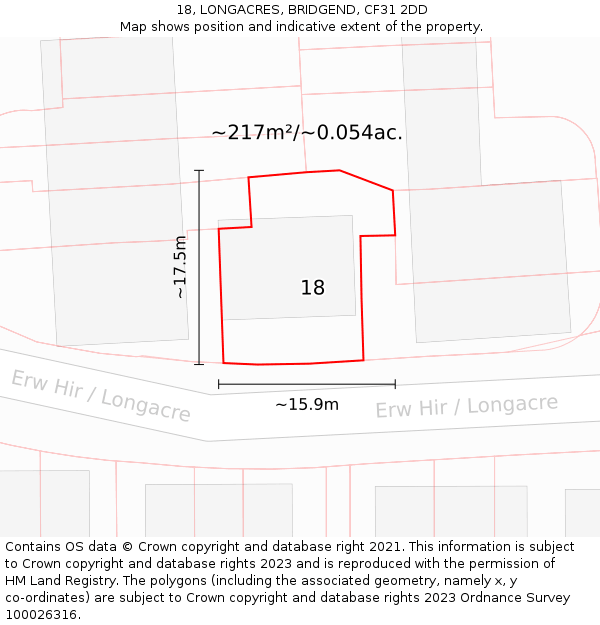 18, LONGACRES, BRIDGEND, CF31 2DD: Plot and title map
