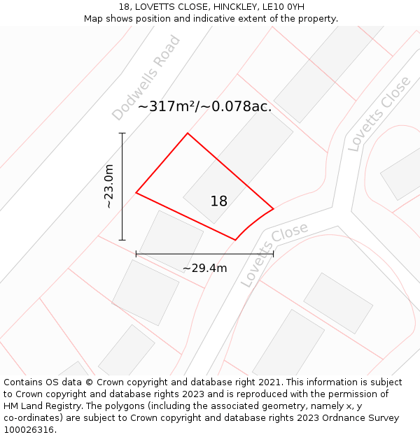 18, LOVETTS CLOSE, HINCKLEY, LE10 0YH: Plot and title map