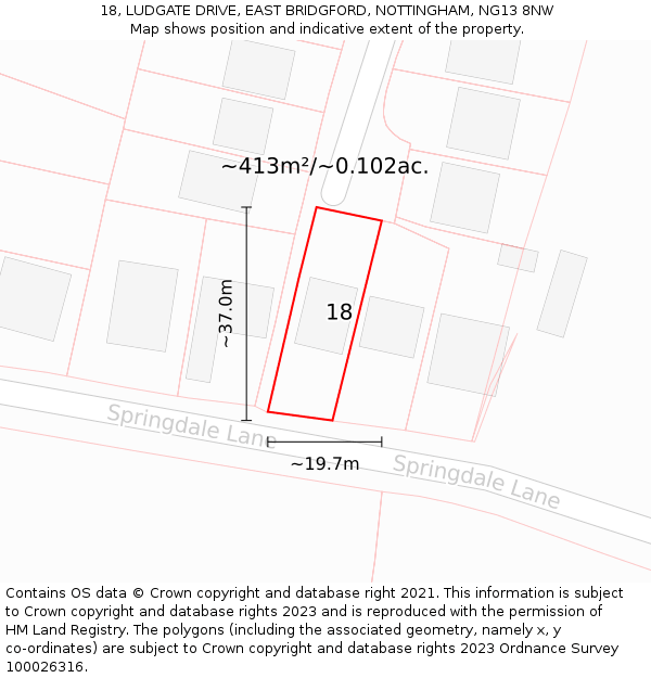 18, LUDGATE DRIVE, EAST BRIDGFORD, NOTTINGHAM, NG13 8NW: Plot and title map