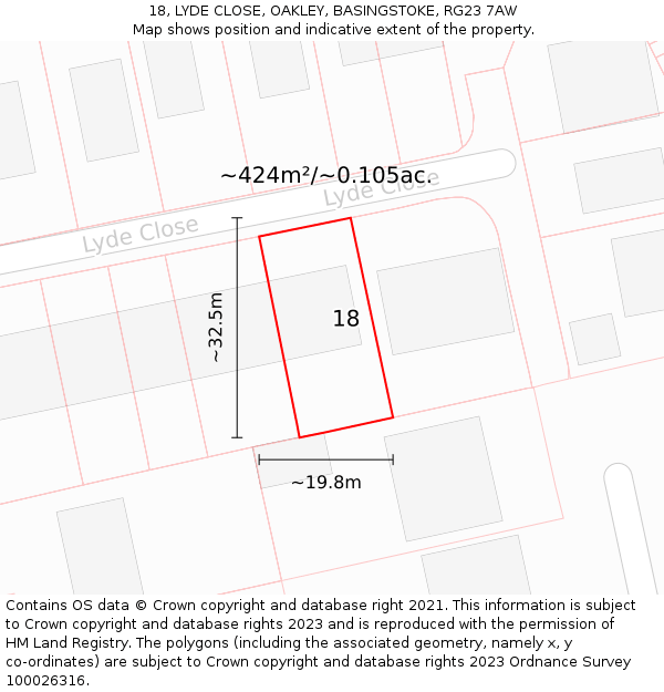 18, LYDE CLOSE, OAKLEY, BASINGSTOKE, RG23 7AW: Plot and title map
