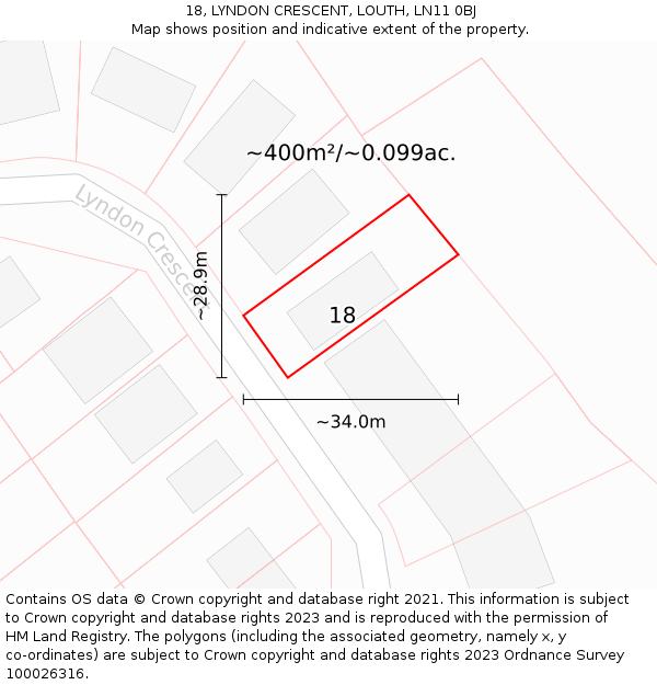 18, LYNDON CRESCENT, LOUTH, LN11 0BJ: Plot and title map