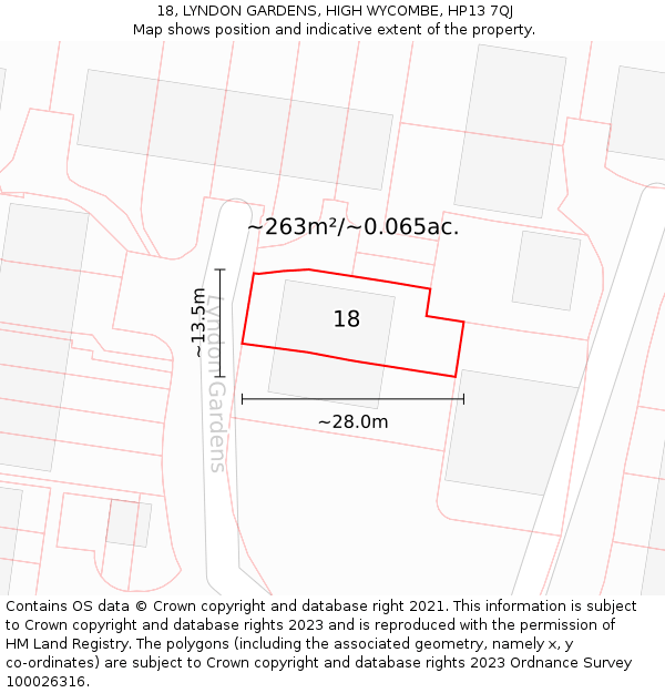 18, LYNDON GARDENS, HIGH WYCOMBE, HP13 7QJ: Plot and title map