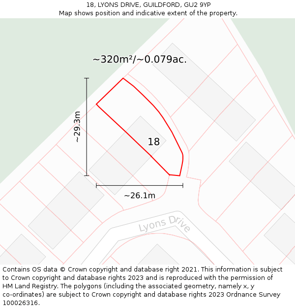 18, LYONS DRIVE, GUILDFORD, GU2 9YP: Plot and title map