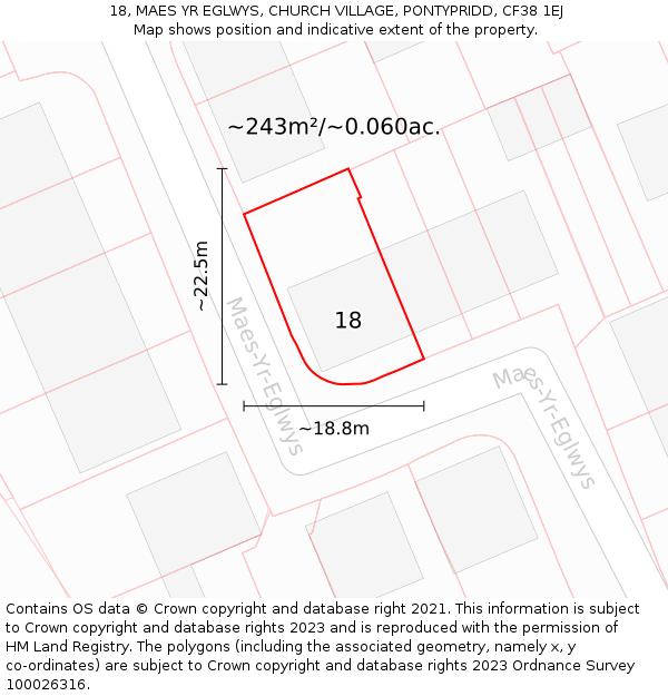 18, MAES YR EGLWYS, CHURCH VILLAGE, PONTYPRIDD, CF38 1EJ: Plot and title map