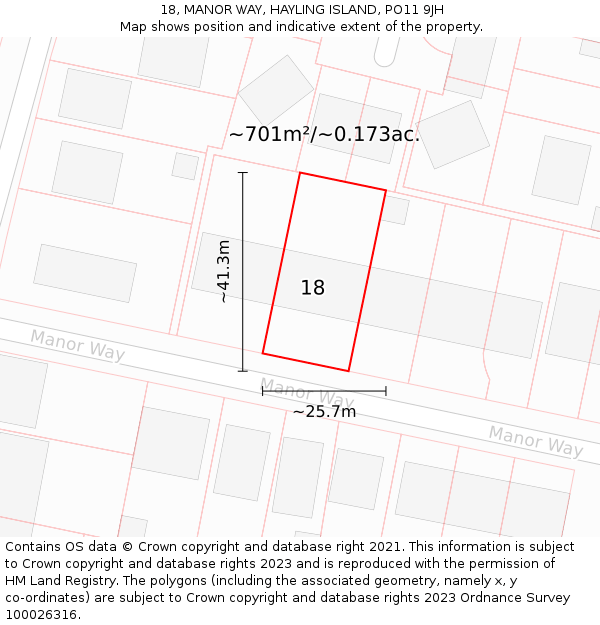 18, MANOR WAY, HAYLING ISLAND, PO11 9JH: Plot and title map