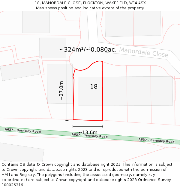 18, MANORDALE CLOSE, FLOCKTON, WAKEFIELD, WF4 4SX: Plot and title map