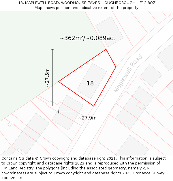 18, MAPLEWELL ROAD, WOODHOUSE EAVES, LOUGHBOROUGH, LE12 8QZ: Plot and title map