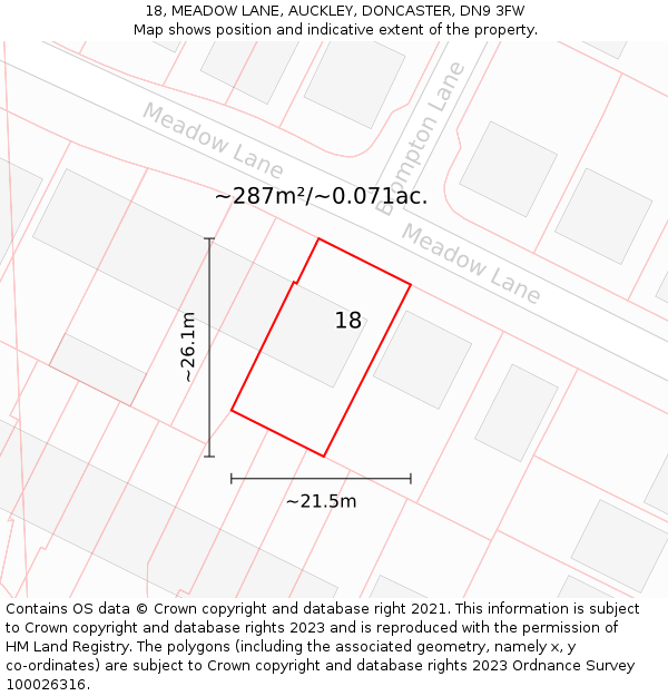 18, MEADOW LANE, AUCKLEY, DONCASTER, DN9 3FW: Plot and title map