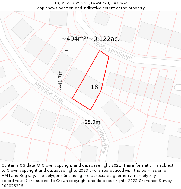 18, MEADOW RISE, DAWLISH, EX7 9AZ: Plot and title map