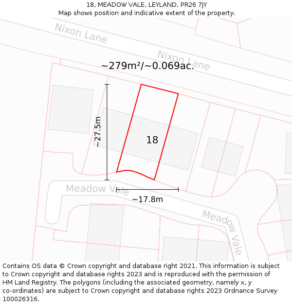 18, MEADOW VALE, LEYLAND, PR26 7JY: Plot and title map