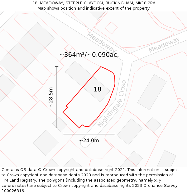 18, MEADOWAY, STEEPLE CLAYDON, BUCKINGHAM, MK18 2PA: Plot and title map