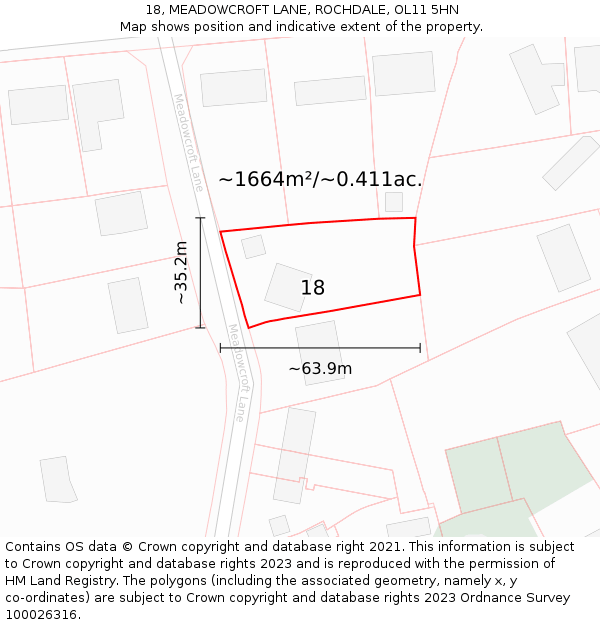 18, MEADOWCROFT LANE, ROCHDALE, OL11 5HN: Plot and title map