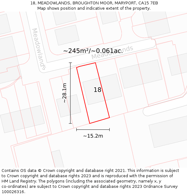 18, MEADOWLANDS, BROUGHTON MOOR, MARYPORT, CA15 7EB: Plot and title map