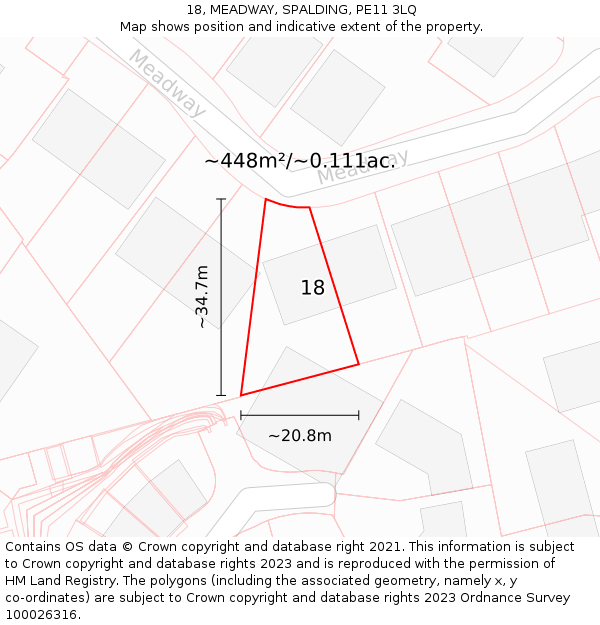 18, MEADWAY, SPALDING, PE11 3LQ: Plot and title map