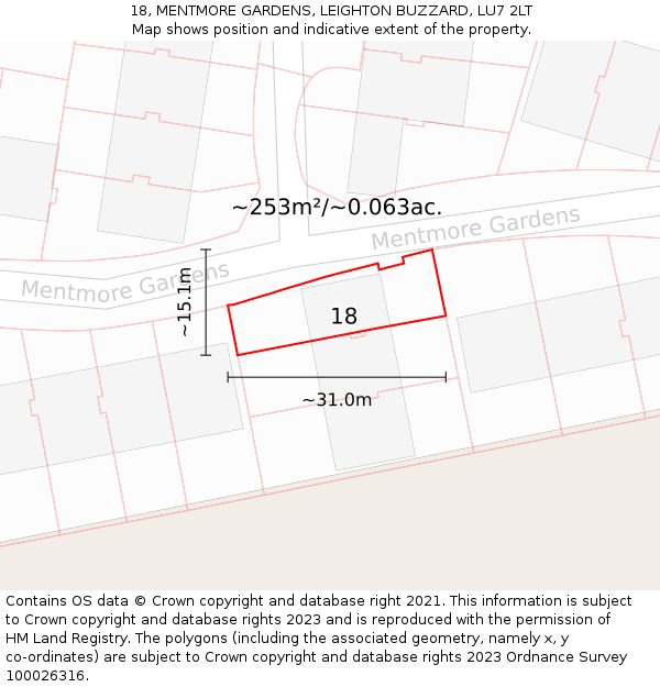 18, MENTMORE GARDENS, LEIGHTON BUZZARD, LU7 2LT: Plot and title map