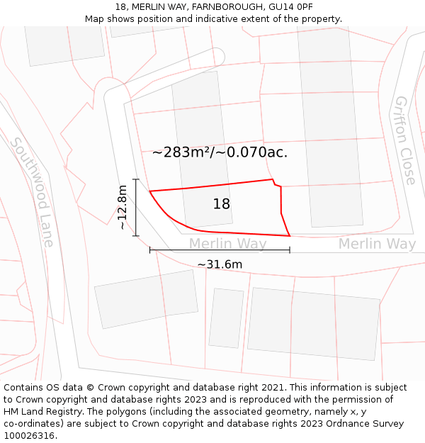 18, MERLIN WAY, FARNBOROUGH, GU14 0PF: Plot and title map