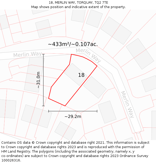 18, MERLIN WAY, TORQUAY, TQ2 7TE: Plot and title map