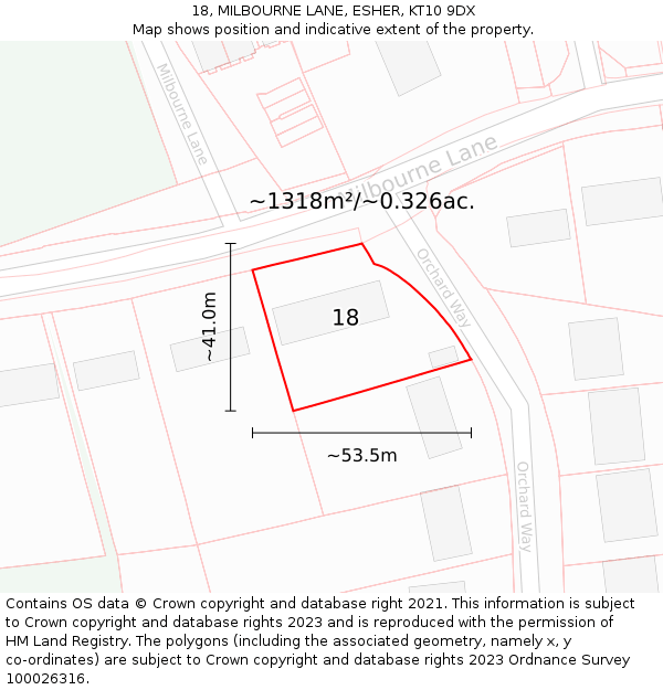 18, MILBOURNE LANE, ESHER, KT10 9DX: Plot and title map