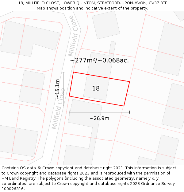18, MILLFIELD CLOSE, LOWER QUINTON, STRATFORD-UPON-AVON, CV37 8TF: Plot and title map