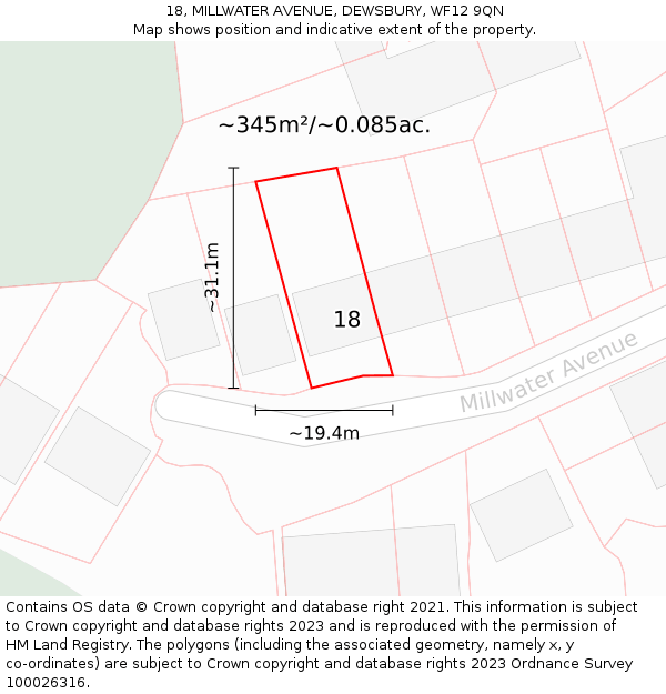 18, MILLWATER AVENUE, DEWSBURY, WF12 9QN: Plot and title map