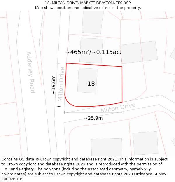 18, MILTON DRIVE, MARKET DRAYTON, TF9 3SP: Plot and title map