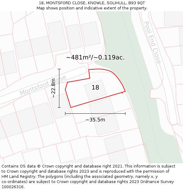 18, MONTSFORD CLOSE, KNOWLE, SOLIHULL, B93 9QT: Plot and title map