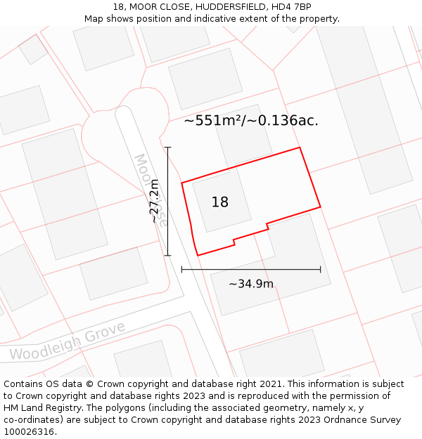 18, MOOR CLOSE, HUDDERSFIELD, HD4 7BP: Plot and title map