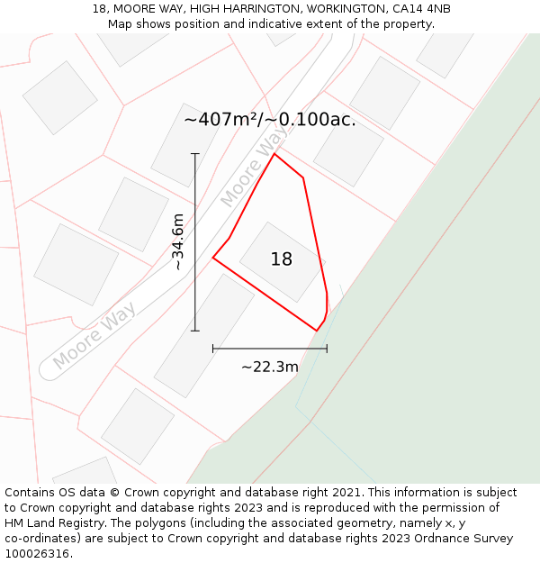 18, MOORE WAY, HIGH HARRINGTON, WORKINGTON, CA14 4NB: Plot and title map