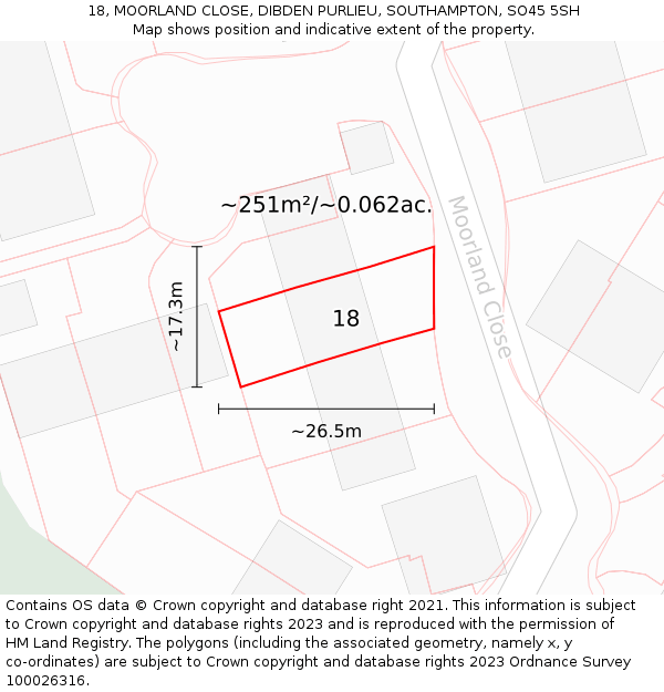 18, MOORLAND CLOSE, DIBDEN PURLIEU, SOUTHAMPTON, SO45 5SH: Plot and title map