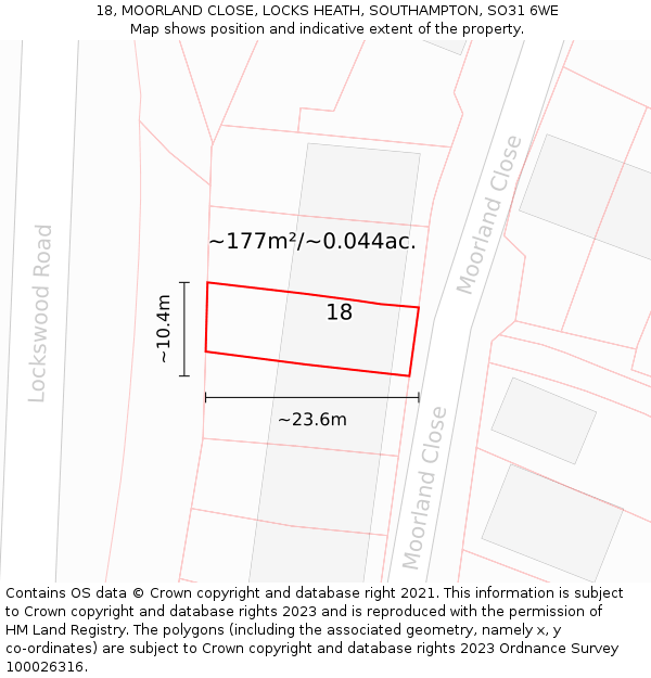 18, MOORLAND CLOSE, LOCKS HEATH, SOUTHAMPTON, SO31 6WE: Plot and title map