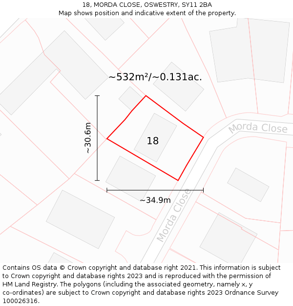 18, MORDA CLOSE, OSWESTRY, SY11 2BA: Plot and title map