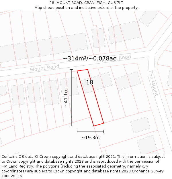 18, MOUNT ROAD, CRANLEIGH, GU6 7LT: Plot and title map