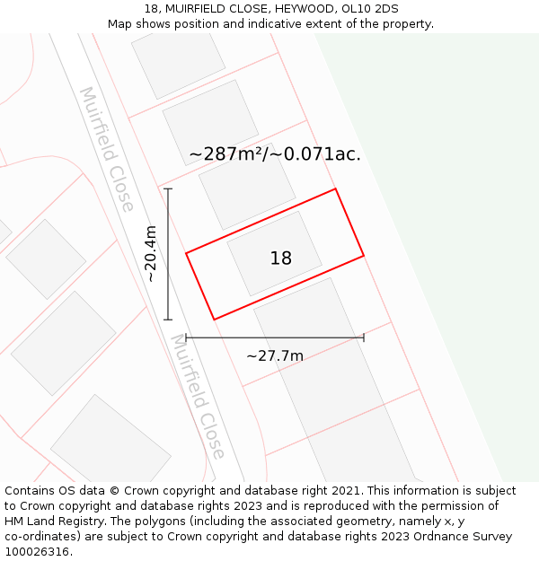 18, MUIRFIELD CLOSE, HEYWOOD, OL10 2DS: Plot and title map