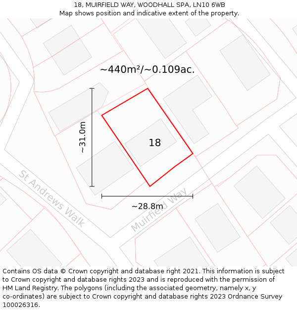 18, MUIRFIELD WAY, WOODHALL SPA, LN10 6WB: Plot and title map