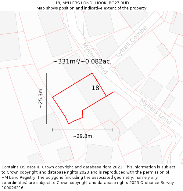 18, MYLLERS LOND, HOOK, RG27 9UD: Plot and title map