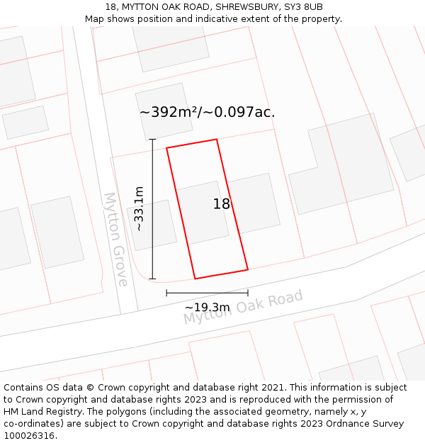 18, MYTTON OAK ROAD, SHREWSBURY, SY3 8UB: Plot and title map