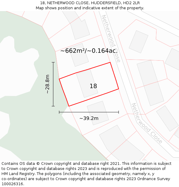 18, NETHERWOOD CLOSE, HUDDERSFIELD, HD2 2LR: Plot and title map