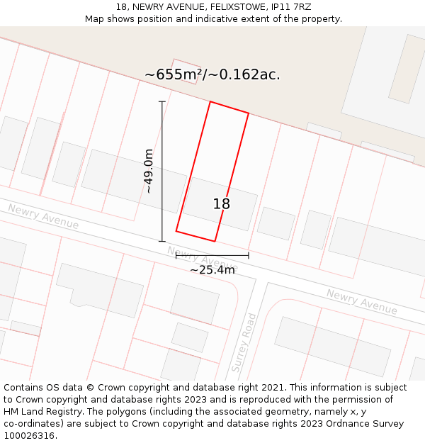 18, NEWRY AVENUE, FELIXSTOWE, IP11 7RZ: Plot and title map