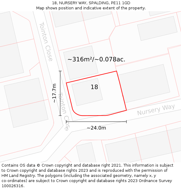 18, NURSERY WAY, SPALDING, PE11 1GD: Plot and title map