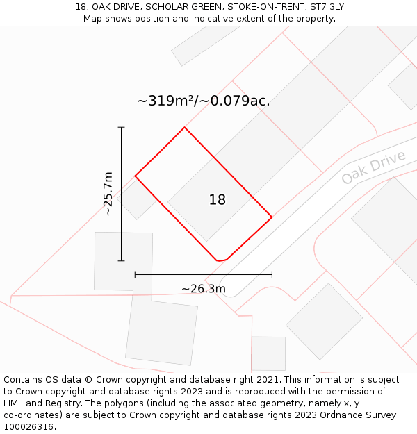 18, OAK DRIVE, SCHOLAR GREEN, STOKE-ON-TRENT, ST7 3LY: Plot and title map