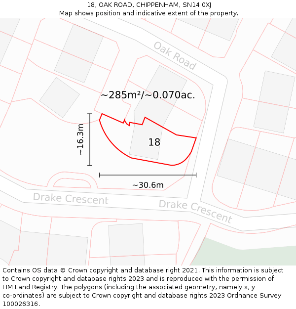 18, OAK ROAD, CHIPPENHAM, SN14 0XJ: Plot and title map